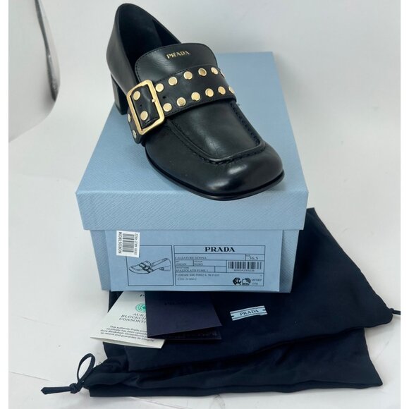 Prada Studded Spazzolato Stud Women Leather Loafers Pumps Size 36.5 - Picture 14 of 16